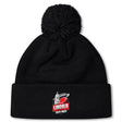 The Lincoln City Youth Rugby Pom Pom Beanie by EMB Canterbury is a black knit hat with a cozy fleece lining, bobble design, and an embroidered "Lincoln Youth Rugby" logo on the front cuff.