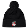 The Lincoln City Youth Rugby Pom Pom Beanie by EMB Canterbury is a black knit hat with a cozy fleece lining, bobble design, and an embroidered "Lincoln Youth Rugby" logo on the front cuff.