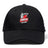 The Lincoln City Youth Rugby Flexfit Drill Cap by EMB Canterbury is a black curved brim cap featuring a red rugby ball and white building logo on the front.