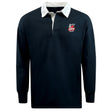 The EMB Mudoo Lincoln City Youth Rugby Classic Long Sleeve Solid Rugby Jersey features a black design with a white collar and an embroidered "Lincoln Rugby Union Football Club" logo on the left chest—ideal for vintage rugby fans.