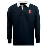 The EMB Mudoo Lincoln City Youth Rugby Classic Long Sleeve Solid Rugby Jersey features a black design with a white collar and an embroidered "Lincoln Rugby Union Football Club" logo on the left chest—ideal for vintage rugby fans.