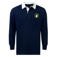The EMB Mudoo Littleton Women Rugby Club Classic Long Sleeve Solid Rugby Jersey features a navy blue design, white collar, and “Love Every Lesson Tennis Academy” logo on the left chest in a vintage rugby style.
