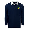 The EMB Mudoo Littleton Women Rugby Club Classic Long Sleeve Solid Rugby Jersey features a navy blue design, white collar, and “Love Every Lesson Tennis Academy” logo on the left chest in a vintage rugby style.