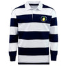 The EMB Mudoo Littleton Women Rugby Club Classic Long Sleeve Hooped Rugby Jersey features wide navy and white stripes, a white collar, and a chest patch for timeless rugby style with a vintage-inspired tennis sport touch.