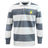 The EMB Mudoo Littleton Women Rugby Club Classic Long Sleeve Hooped Rugby Jersey features timeless sporty style with wide gray and white stripes, a collar, and a tennis-themed chest logo.