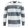 The EMB Mudoo Littleton Women Rugby Club Classic Long Sleeve Hooped Rugby Jersey features timeless sporty style with wide gray and white stripes, a collar, and a tennis-themed chest logo.