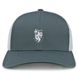 The La Salette Academy Rugby Retro Trucker Cap by EMB S&S Activewear features a gray and white design, mesh back, embroidered "LA SALETTE" above an abstract pattern on the front, and a snapback closure.