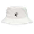 The La Salette Academy Rugby Crusher Bucket Cap by EMB S&S Activewear is a white cotton twill cap featuring a black crest with sword, scales, lion, and "LA SALETTE" text—perfect for stylish sun protection.