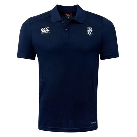 The EMB Canterbury La Salette Academy Rugby Club Dry Polo is a navy blue short-sleeve polo with a collar, two white chest logos, and a bottom text label. Features Vapodri Technology for breathable comfort.