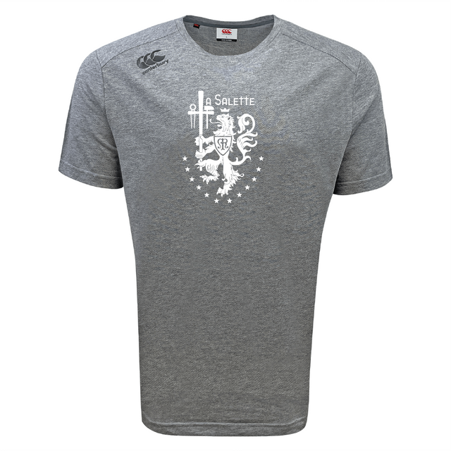The La Salette Academy Rugby Tempo Vapodri T-Shirt by WRS Canterbury is a grey short-sleeve tee with a white crest, "SALETTE," and Canterbury logo. Features moisture-wicking Vapodri tech for all-day comfort.