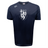 The La Salette Academy Rugby Tempo Vapodri T-Shirt by WRS Canterbury features a white heraldic lion, swords, stars, and "La Salette" on navy blue moisture-wicking fabric to keep you comfortable all day.