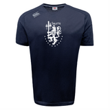 The La Salette Academy Rugby Tempo Vapodri T-Shirt by WRS Canterbury features a white heraldic lion, swords, stars, and "La Salette" on navy blue moisture-wicking fabric to keep you comfortable all day.