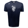The La Salette Academy Rugby Tempo Vapodri T-Shirt by WRS Canterbury features a white heraldic lion, swords, stars, and "La Salette" on navy blue moisture-wicking fabric to keep you comfortable all day.
