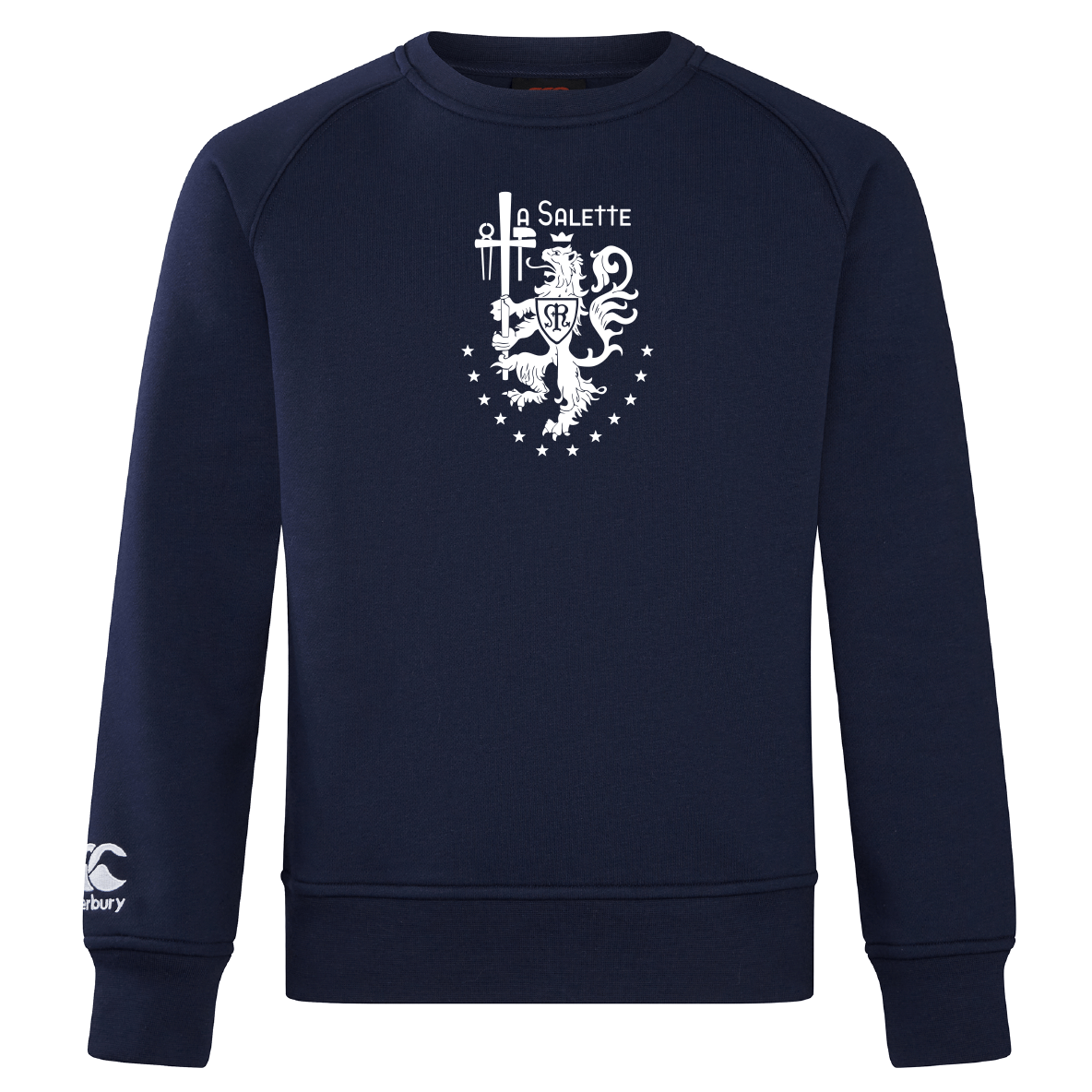The La Salette Academy Rugby Club Crew Sweatshirt by WRS Canterbury is a navy blue custom sweatshirt with an embroidered white heraldic lion crest and "Salette" on the chest, plus a small Canterbury logo on the left sleeve.