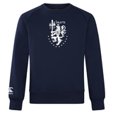 The La Salette Academy Rugby Club Crew Sweatshirt by WRS Canterbury is a navy blue custom sweatshirt with an embroidered white heraldic lion crest and "Salette" on the chest, plus a small Canterbury logo on the left sleeve.