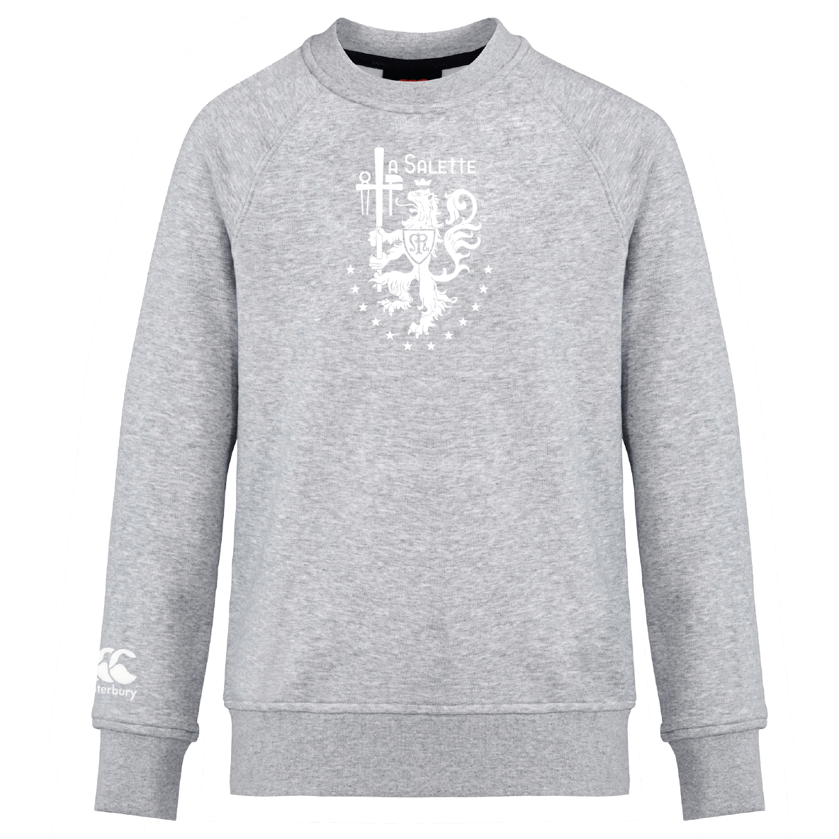 The La Salette Academy Rugby Club Crew Sweatshirt by WRS Canterbury features a light grey crewneck, white "La Salette" printed crest on the chest, and a small embroidered Canterbury logo on the left sleeve.