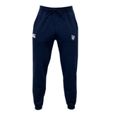 The La Salette Academy Rugby Leisure Sweatpant by EMB Canterbury features navy blue organic cotton, elastic waistband, drawstring, side pockets, and two white logos on the front.