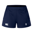The La Salette Academy Rugby Women's Advantage Short 2.0 by EMB Canterbury is navy blue, made with recycled content, and features a white Canterbury logo on the left leg plus a crest emblem on the right—uniting performance and sustainability.