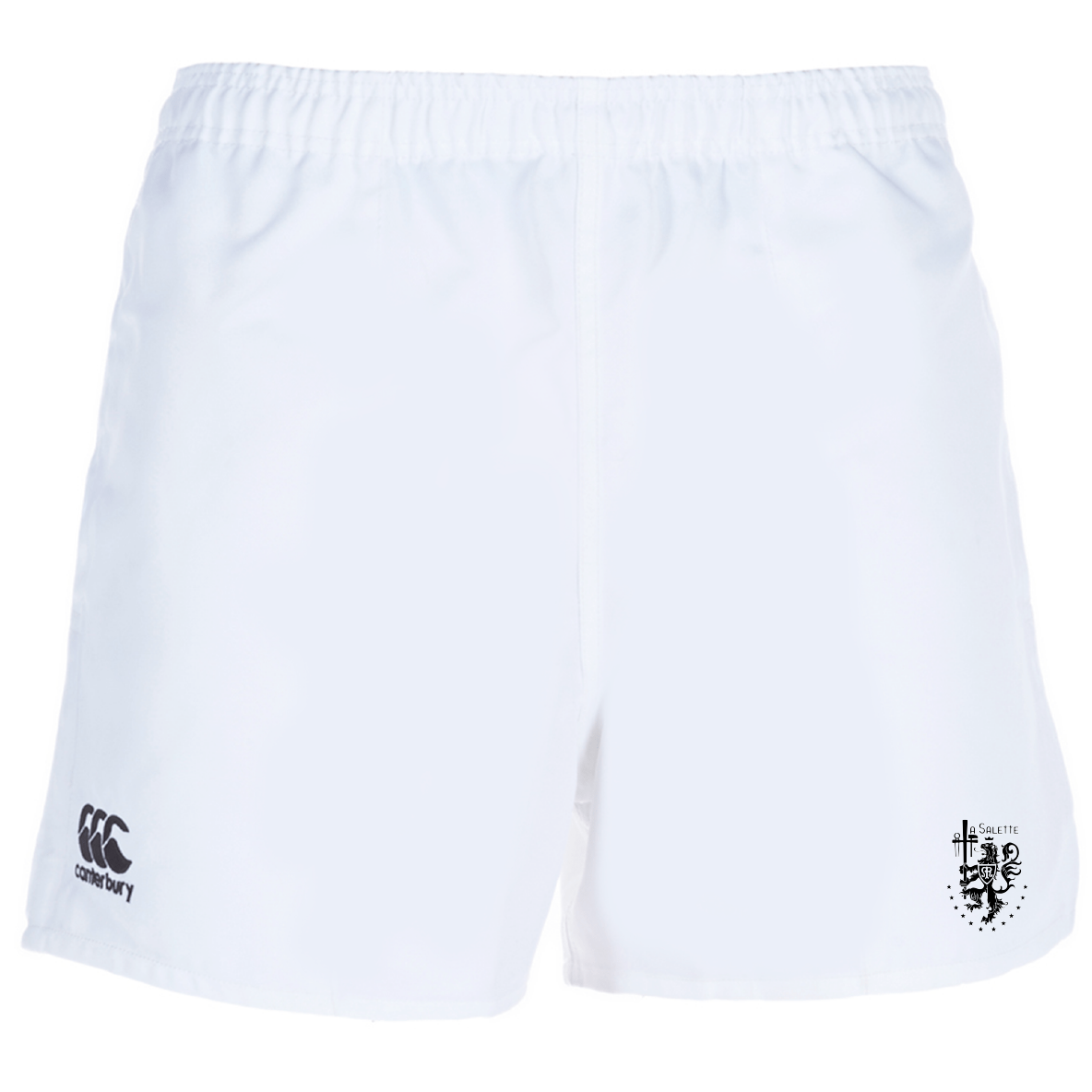 The La Salette Academy Rugby Advantage Rugby Shorts by EMB Canterbury feature an elastic waistband, Canterbury logo on the left leg, black crest with text on the right leg, and are made from moisture-wicking fabric for comfort.