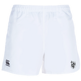 The La Salette Academy Rugby Advantage Rugby Shorts by EMB Canterbury feature an elastic waistband, Canterbury logo on the left leg, black crest with text on the right leg, and are made from moisture-wicking fabric for comfort.