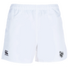 The La Salette Academy Rugby Advantage Rugby Shorts by EMB Canterbury feature an elastic waistband, Canterbury logo on the left leg, black crest with text on the right leg, and are made from moisture-wicking fabric for comfort.