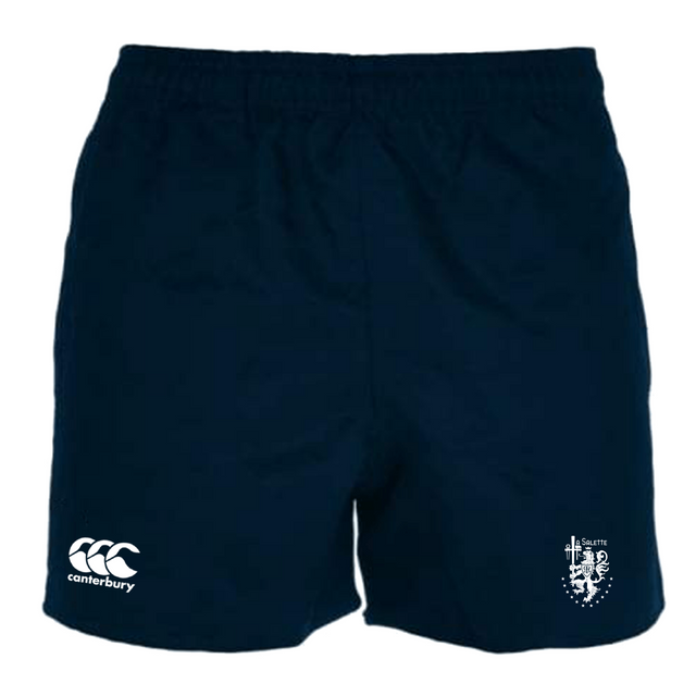 The La Salette Academy Rugby Advantage Rugby Shorts by EMB Canterbury feature a navy design, elastic waistband with non-slip grips, Canterbury logo on the left leg, crest on the right leg, and moisture-wicking fabric for comfort.