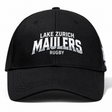 Lake Zurich Flexfit Drill Cap by Canterbury in black, featuring white and gray embroidered text that reads “LAKE ZURICH MAULERS RUGBY” across the front.