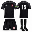 Legion Academy Evader Player Bundle black rugby kit, including a jersey with the number 15 on the back, matching shorts, and socks, all featuring team and sponsor logos.