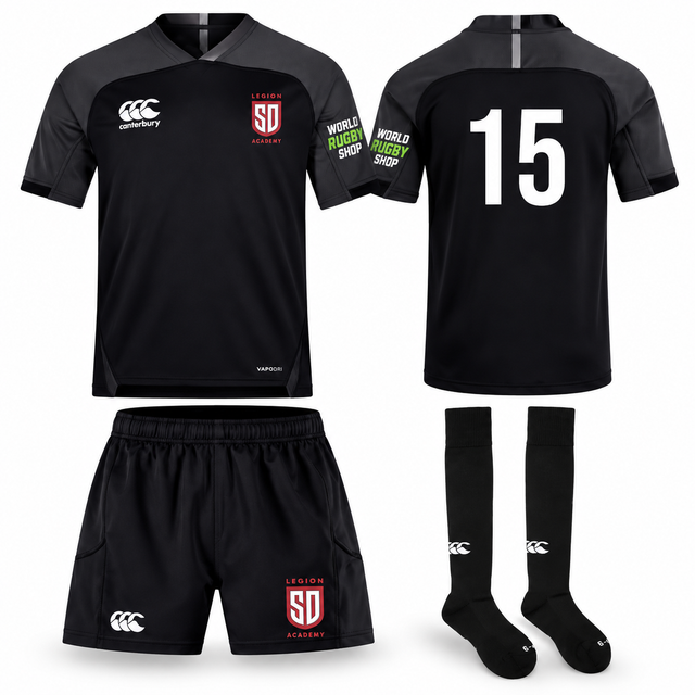 Legion Academy Evader Player Bundle black rugby kit, including a jersey with the number 15 on the back, matching shorts, and socks, all featuring team and sponsor logos.