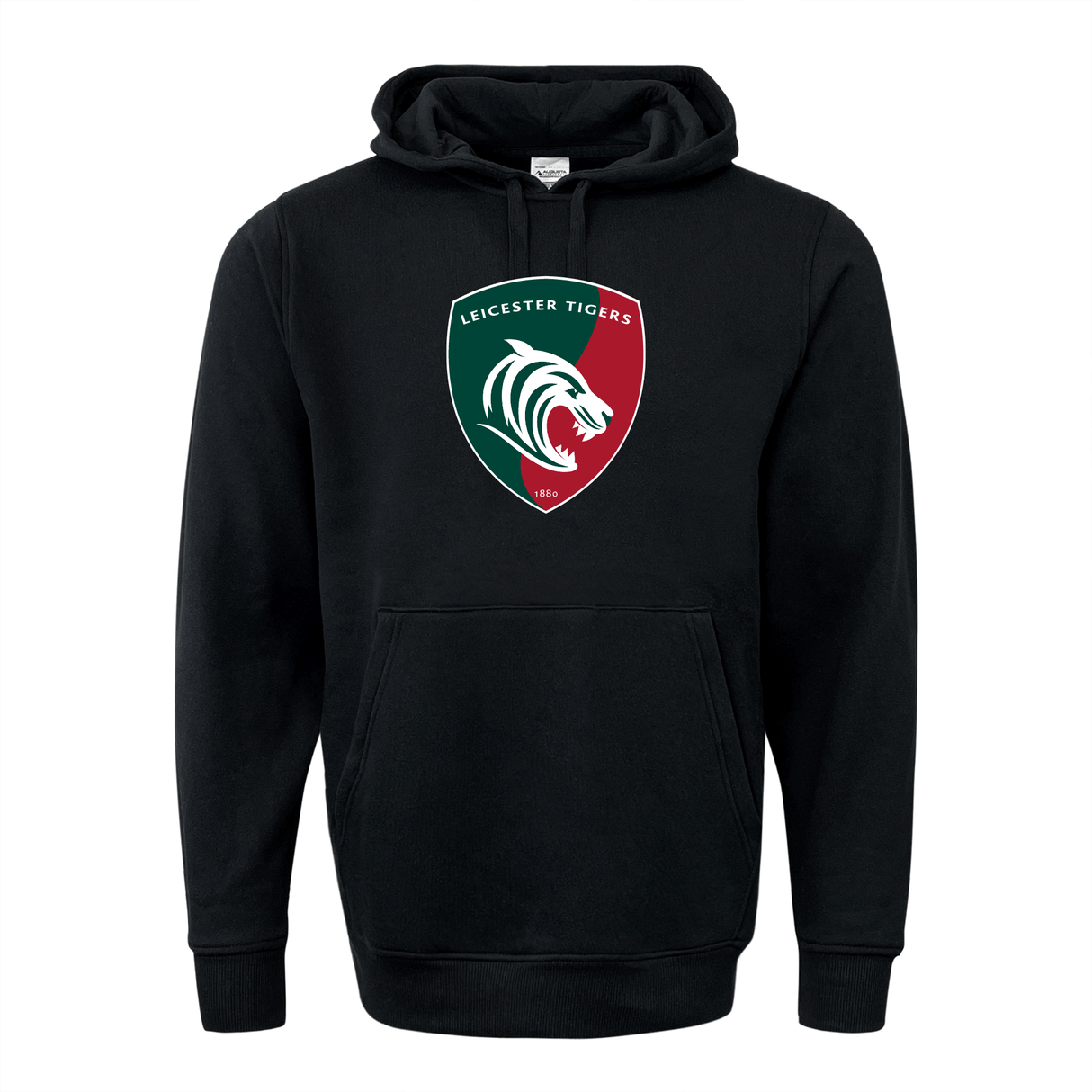 A black WRS Augusta Leicester Tigers 60/40 Pullover Hoodie, crafted from athletic fleece and featuring the iconic logo on the front—ideal for any rugby enthusiast.