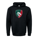 A black WRS Augusta Leicester Tigers 60/40 Pullover Hoodie, crafted from athletic fleece and featuring the iconic logo on the front—ideal for any rugby enthusiast.