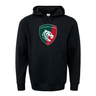 A black WRS Augusta Leicester Tigers 60/40 Pullover Hoodie, crafted from athletic fleece and featuring the iconic logo on the front—ideal for any rugby enthusiast.