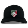 The EMB S&S Activewear Leicester Tigers Retro Trucker Cap features a black and white design, the rugby club logo on the front, and an adjustable snapback closure for perfect fit.