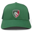 The Leicester Tigers Retro Tucker Cap by EMB S&S Activewear is a green trucker hat featuring the team logo on the front and a classic snapback closure for an adjustable fit.