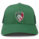 The Leicester Tigers Retro Tucker Cap by EMB S&S Activewear is a green trucker hat featuring the team logo on the front and a classic snapback closure for an adjustable fit.