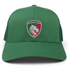 The Leicester Tigers Retro Tucker Cap by EMB S&S Activewear is a green trucker hat featuring the team logo on the front and a classic snapback closure for an adjustable fit.