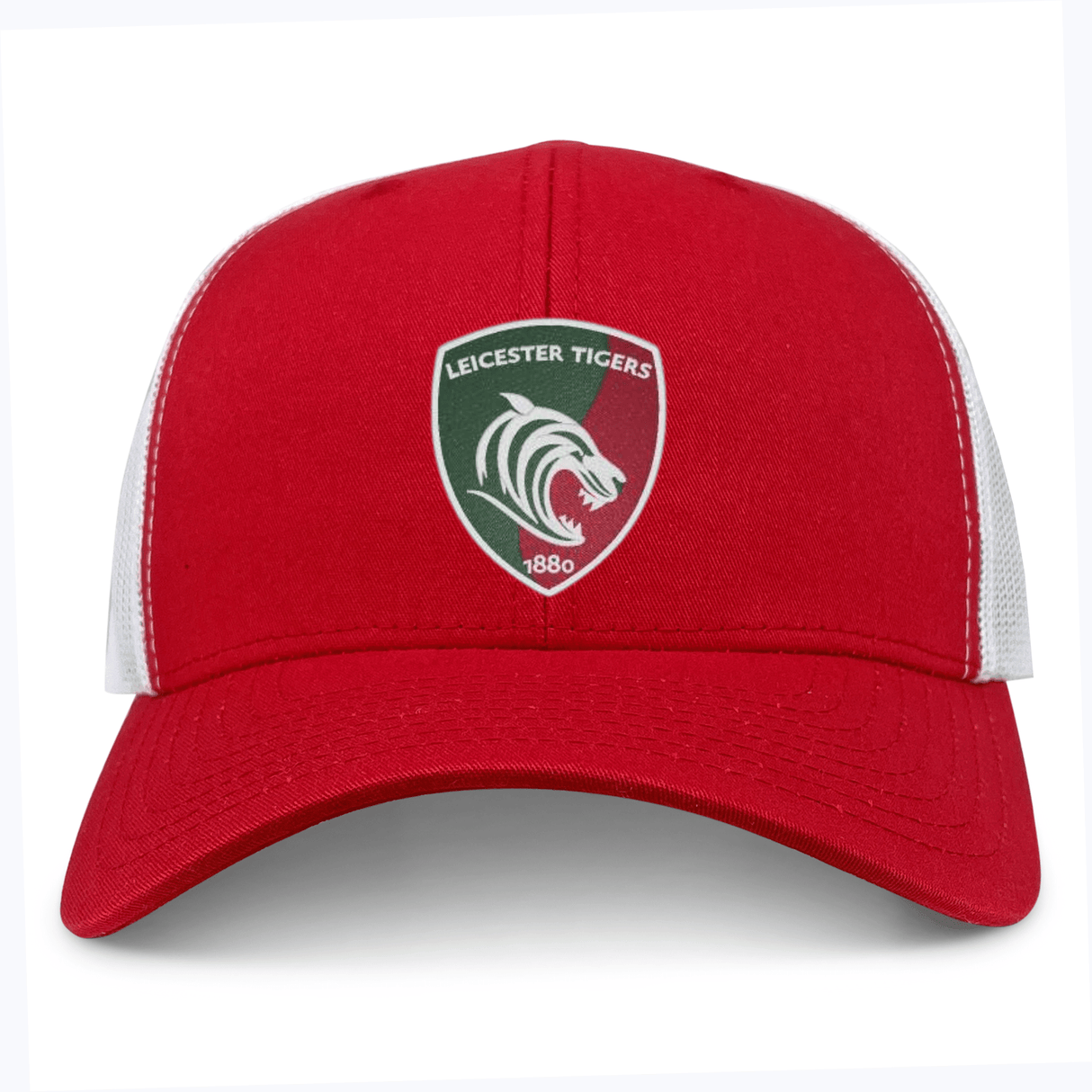 The Leicester Tigers Retro Tucker Cap by EMB S&S Activewear is a red and white trucker hat with the Tigers rugby club logo on the front and an adjustable snapback for comfort.