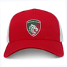 The Leicester Tigers Retro Tucker Cap by EMB S&S Activewear is a red and white trucker hat with the Tigers rugby club logo on the front and an adjustable snapback for comfort.