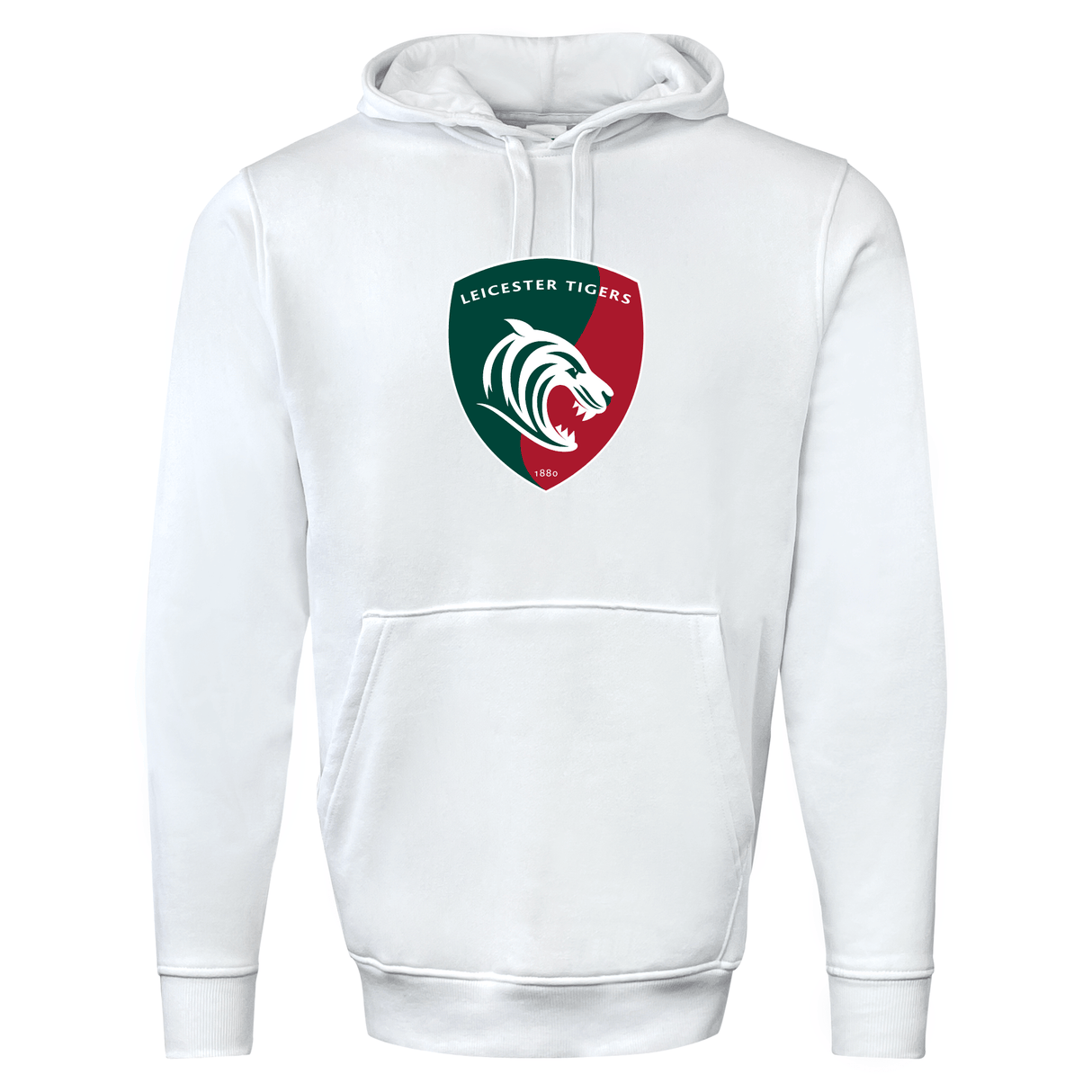 White WRS Augusta Leicester Tigers 60/40 Pullover Hoodie featuring the team's logo on the front, perfect for rugby fans looking to show their support with stylish fan wear.