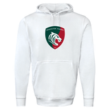 White WRS Augusta Leicester Tigers 60/40 Pullover Hoodie featuring the team's logo on the front, perfect for rugby fans looking to show their support with stylish fan wear.