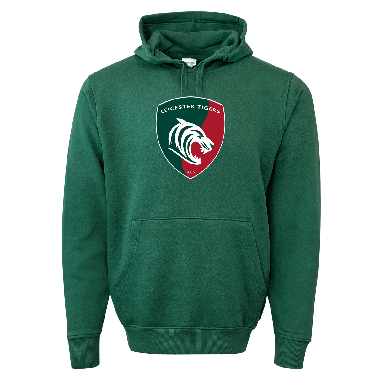 WRS Augusta's Leicester Tigers 60/40 Pullover Hoodie in green, showcasing a roaring tiger face emblem, is the perfect fan wear for passionate rugby enthusiasts.