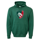 WRS Augusta's Leicester Tigers 60/40 Pullover Hoodie in green, showcasing a roaring tiger face emblem, is the perfect fan wear for passionate rugby enthusiasts.