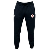 The West Potomac RFC Leisure Sweatpant by EMB Canterbury features black organic cotton, a drawstring waist, a white logo on the left thigh, and a red-and-white crest on the right.