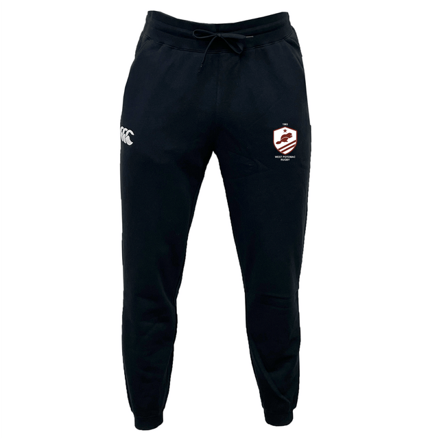 The West Potomac RFC Leisure Sweatpant by EMB Canterbury features black organic cotton, a drawstring waist, a white logo on the left thigh, and a red-and-white crest on the right.