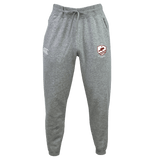 The West Potomac RFC Leisure Sweatpant by EMB Canterbury features a gray fleece design with drawstring waist, white logo on the left thigh, and a red and white shield emblem on the right thigh.