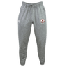 The West Potomac RFC Leisure Sweatpant by EMB Canterbury features a gray fleece design with drawstring waist, white logo on the left thigh, and a red and white shield emblem on the right thigh.