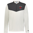 The EMB Augusta Nations of Rugby Les Bleus Sideline Grid 1/4 Zip Pullover features a dark gray upper chest and shoulders, white body and sleeves, a fleece collar, and the "Les Bleus France Rugby" logo on the left chest.