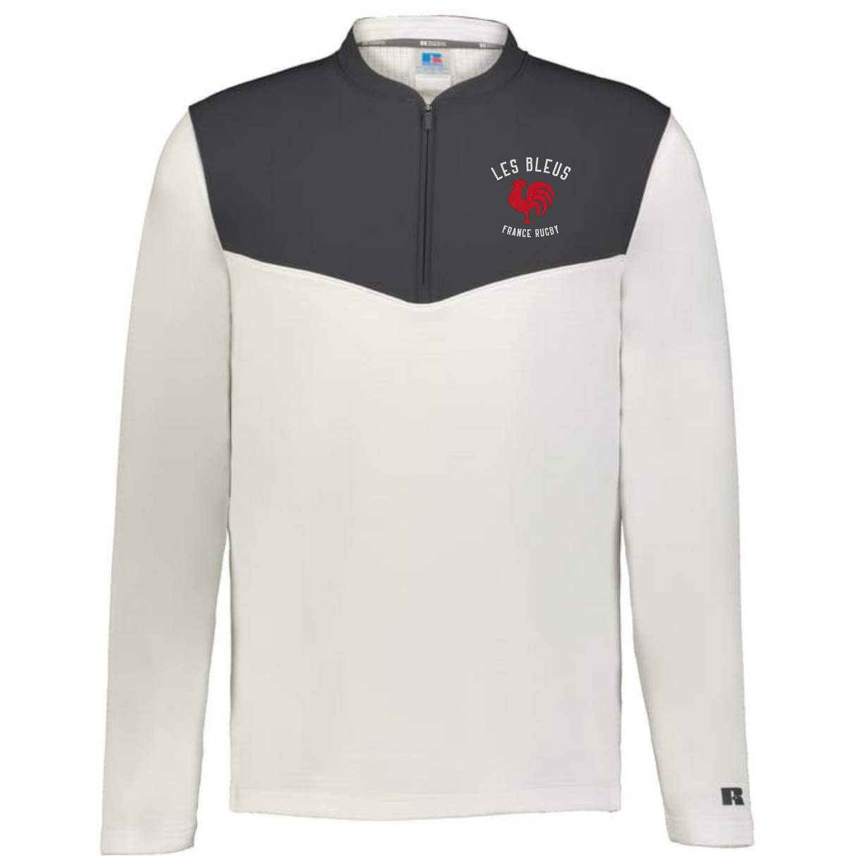 The EMB Augusta Nations of Rugby Les Bleus Sideline Grid 1/4 Zip Pullover features a dark gray upper chest and shoulders, white body and sleeves, a fleece collar, and the "Les Bleus France Rugby" logo on the left chest.