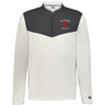 The EMB Augusta Nations of Rugby Les Bleus Sideline Grid 1/4 Zip Pullover features a dark gray upper chest and shoulders, white body and sleeves, a fleece collar, and the "Les Bleus France Rugby" logo on the left chest.