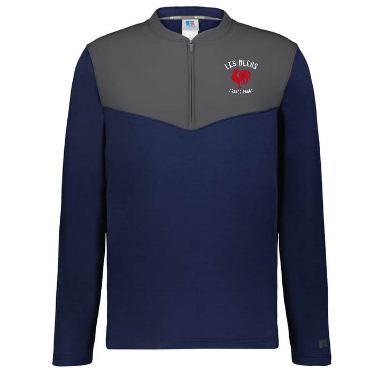 The EMB Augusta Nations of Rugby Les Bleus Sideline Grid 1/4 Zip Pullover is a navy blue long-sleeve with a gray yoke, "LES BLEUS FRANCE OUEST" logo, and red emblem on the left chest.